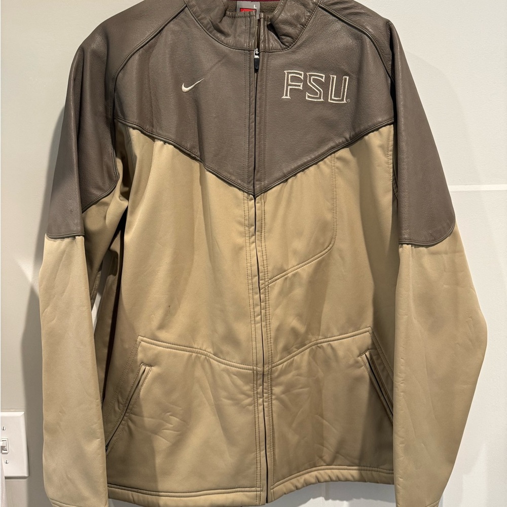 Unique Nike FSU Men's Tan and Brown Leather Jacket